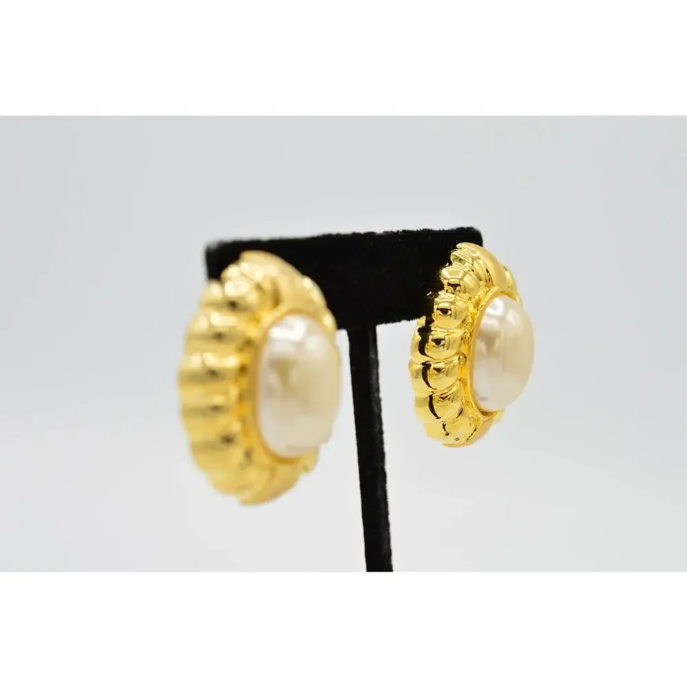 Vintage Clip On Earrings Brushed Gold Chunky Oval Pearl Chunky Signed 1980s 9L